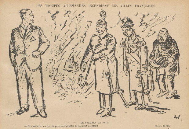 « LE CALUMET DE PAIX - Et c'est avec ça que tu prétends allumer le calumet de paix ? » – Illustration parue dans Le Rire quelques jours avant l'armistice, 26 octobre 1918.

