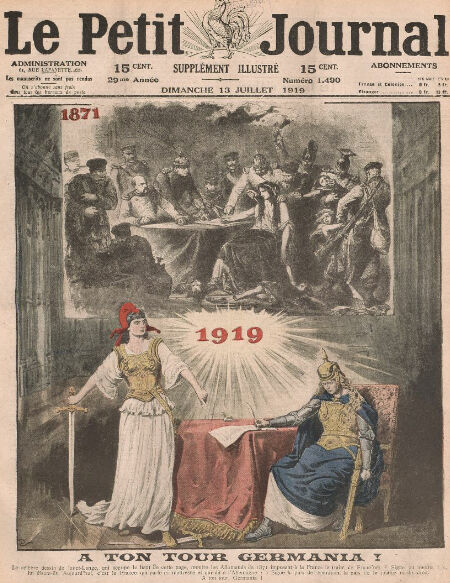 « À ton tour Germania ! Le célèbre dessin de Janet-Lange, qui occupe le haut de cette page, montre les Allemands de 1871 imposant à la France le traité de Francfort. 