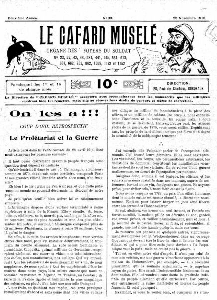 « On les a !!! coup d'oeil rétrospectif : le prolétariat et la guerre » - Le Cafard Muselé, journal de tranchée du 23 novembre 1918
